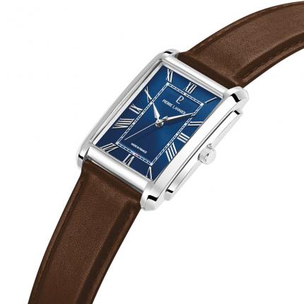 Montre Quartz Homme EMPIRE Argenté Cadran Bleu Bracelet Cuir Brun 20 MM