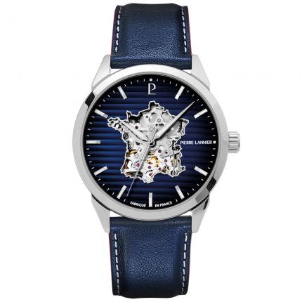 Montre Homme MONARCK France Argenté Cadran Bleu Bracelet Cuir Bleu 22 MM