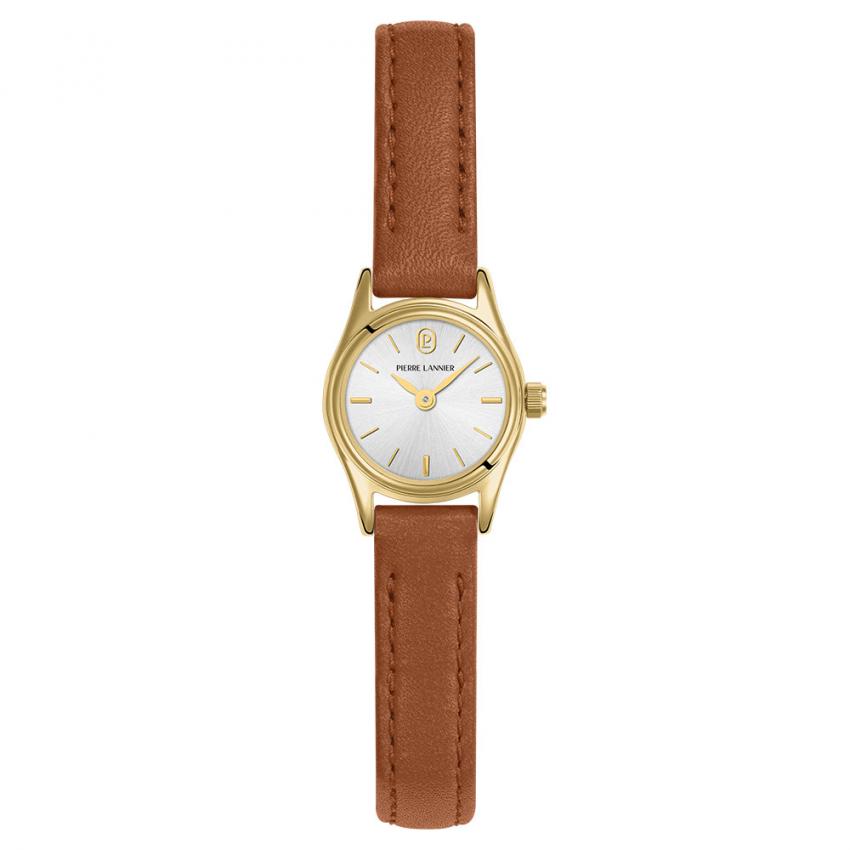 Montre Quartz Femme PYA Doré Cadran Argenté Bracelet Cuir Brun 10 MM