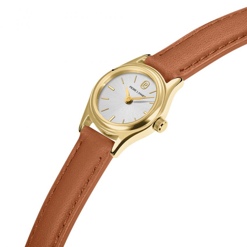 Montre Quartz Femme PYA Doré Cadran Argenté Bracelet Cuir Brun 10 MM