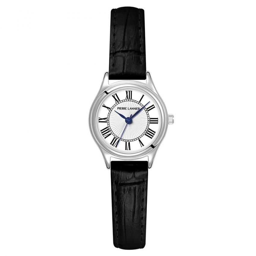 Montre Quartz Femme PYA Argenté Cadran Blanc Bracelet Cuir Noir 12 MM