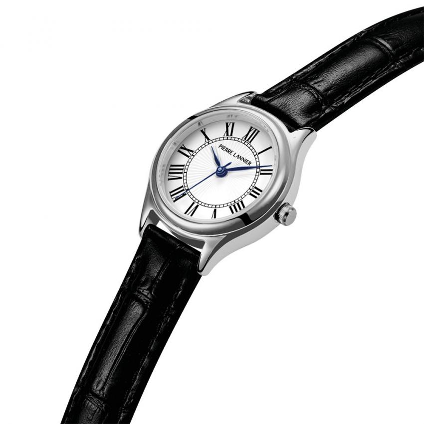 Montre Quartz Femme PYA Argenté Cadran Blanc Bracelet Cuir Noir 12 MM