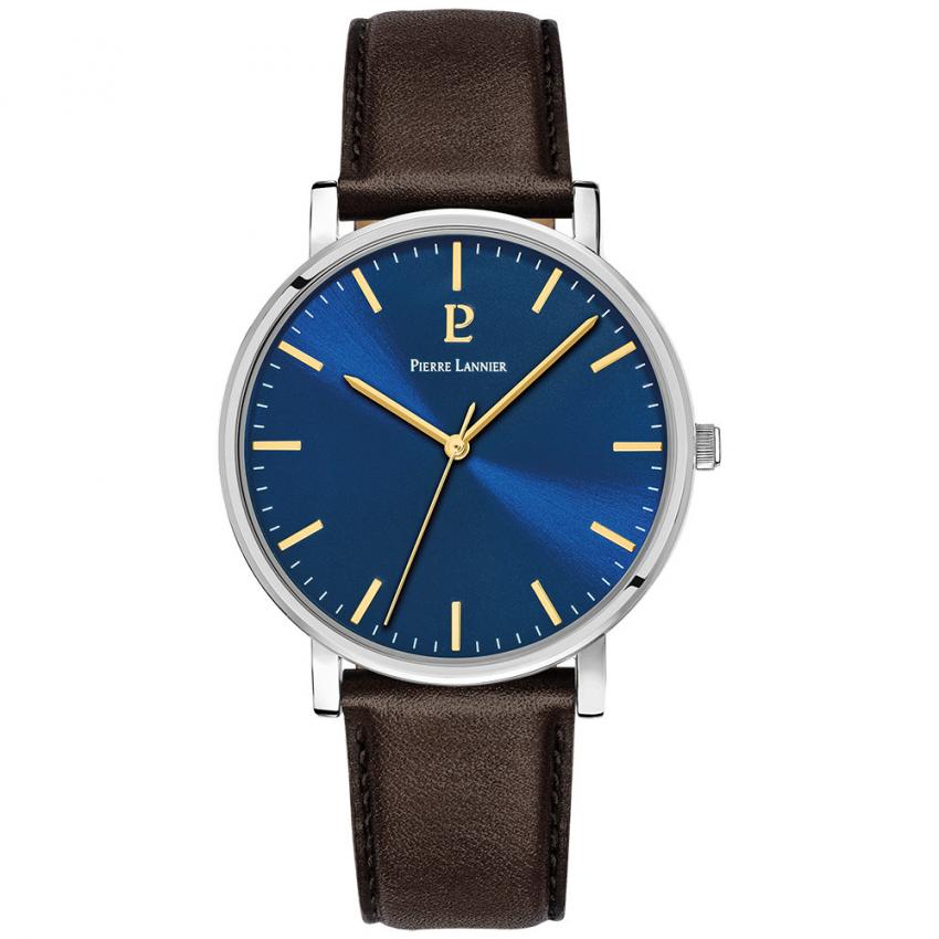 Montre Homme ESSENTIAL Argenté Cadran Bleu Bracelet Cuir Brun 20 MM