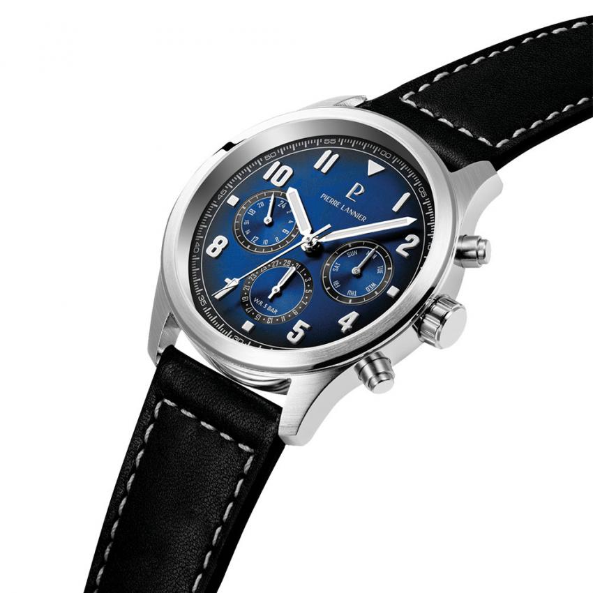 Montre Quartz Homme AVIATEUR Argenté Cadran Bleu Bracelet Cuir Brun 22 MM