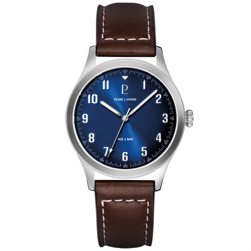 Montre Homme AVIATEUR Argenté Cadran Bleu Bracelet Cuir Brun 20 MM