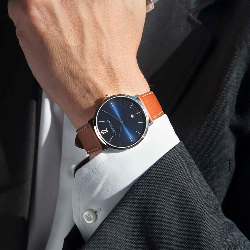 CITY – QUARTZ – BLEU & CUIR BRUN