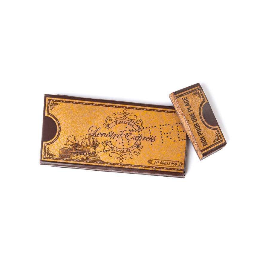 Billet de train, chocolat noir et praliné amande