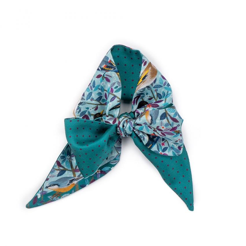 Bandeau de soie en twill de soie imprimé L'arbre aux Oiseaux de l'artiste Victoria Ball